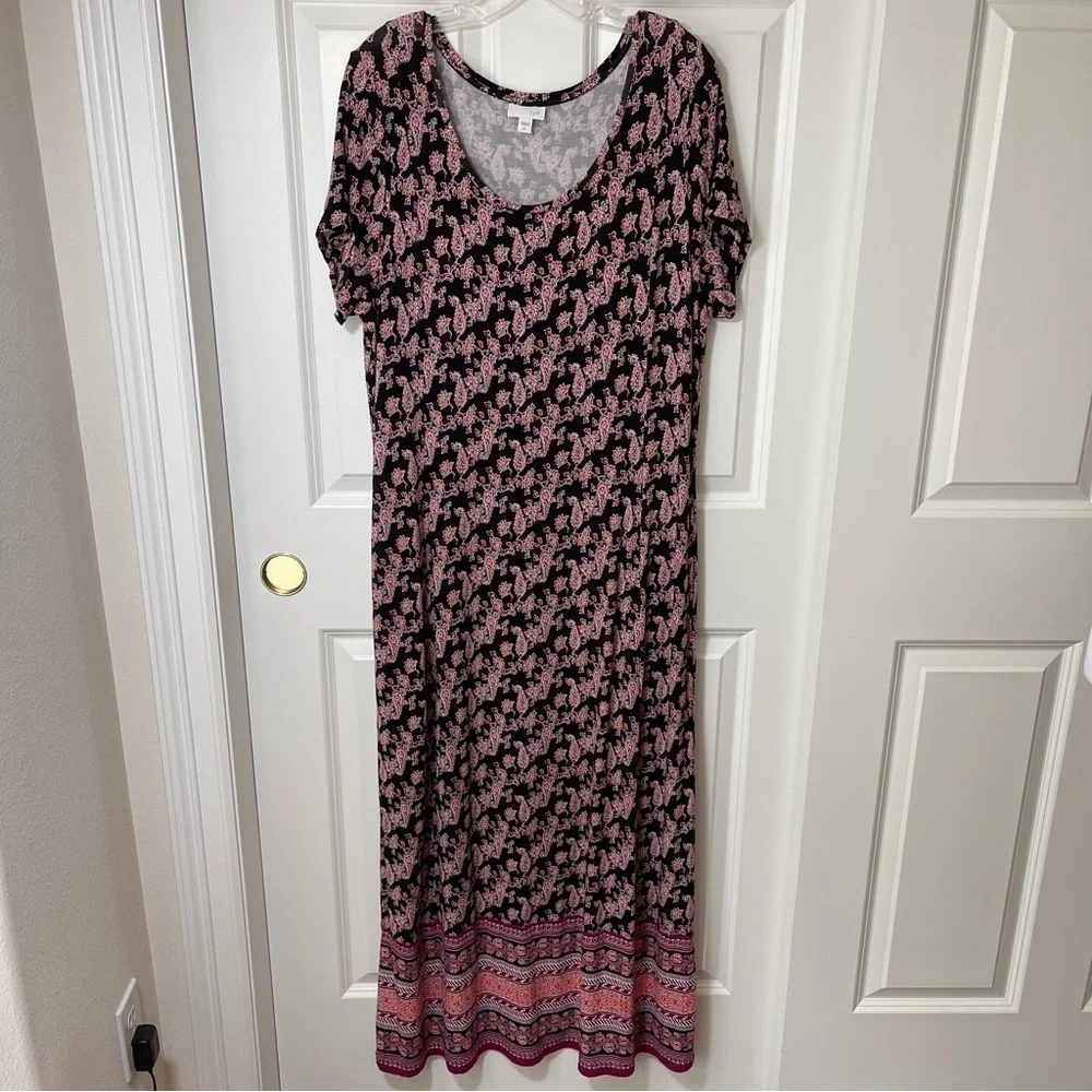 J. Jill Paisley Maxi Dress Pockets Scoop Neck Black Red Purple Orange Large Tall - Picture 8 of 16